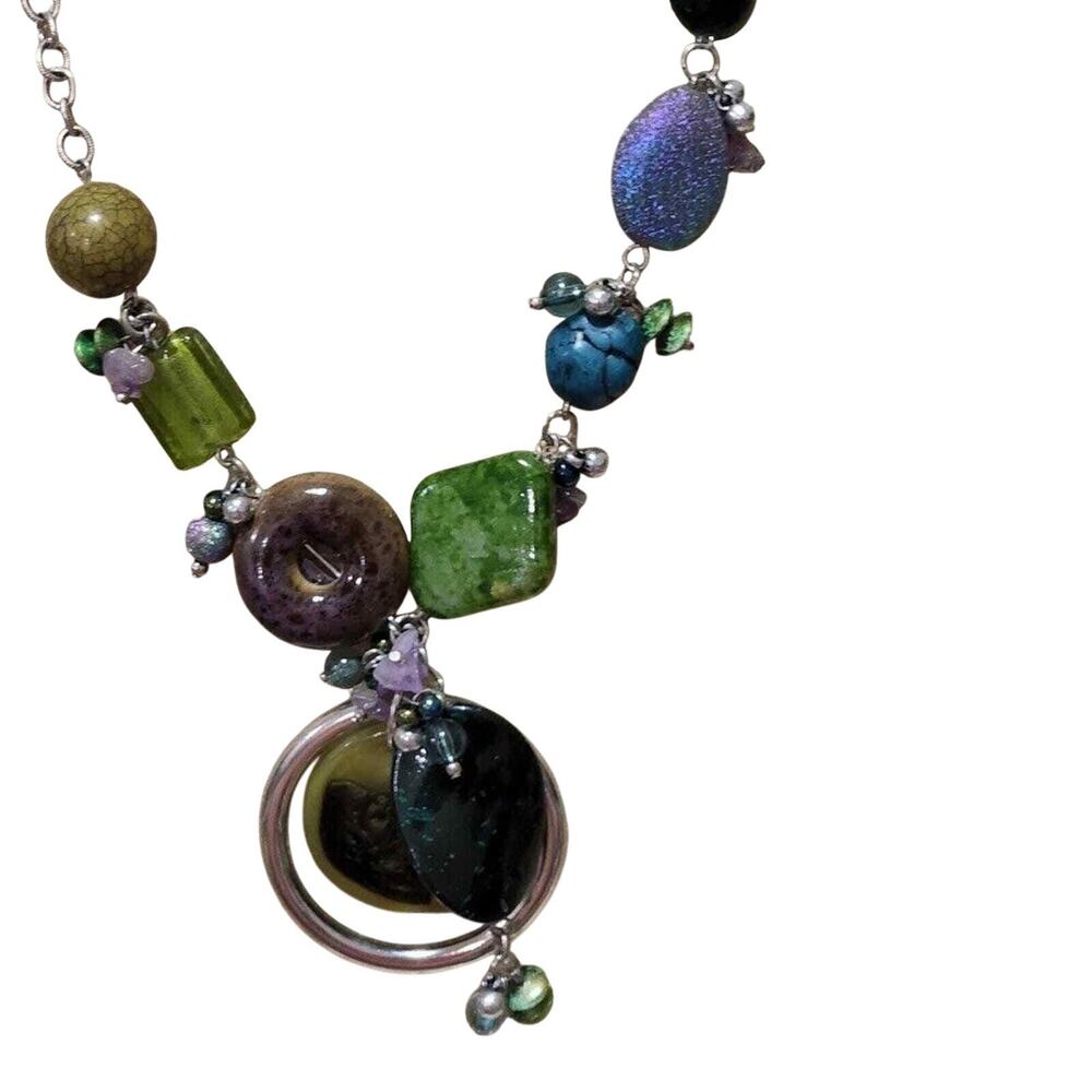 Treska Boho Chunky Mixed Bead Statement Necklace Green Blue Purple Silver NWT - Picture 4 of 7